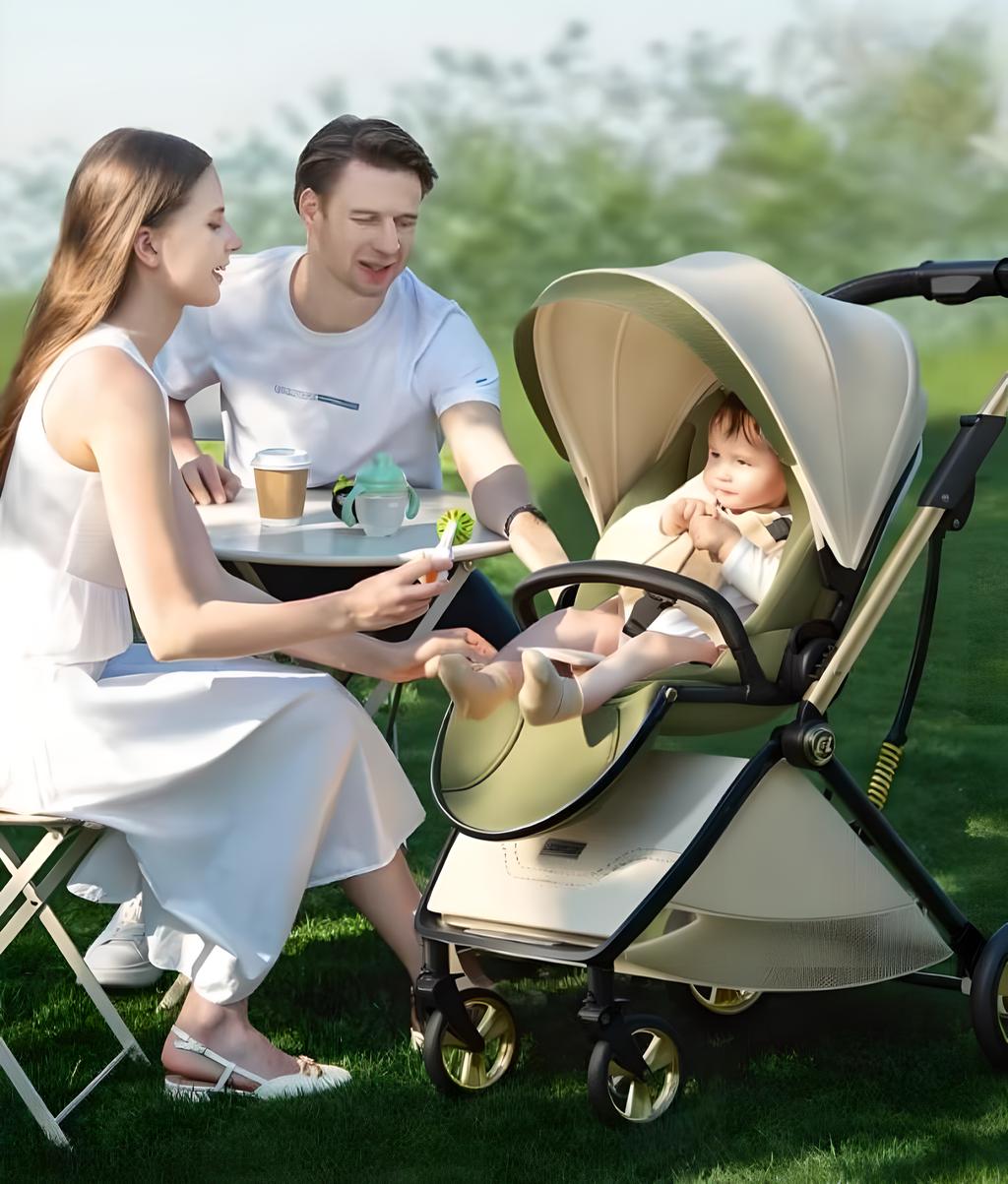 Passeggino portatile leggero in pelle a forma di uovo con cabina protettiva per la colonna vertebrale, design alto, pieghevole, spinta bidirezionale, quattro ruote con sospensioni, per bambini 0-3 anni