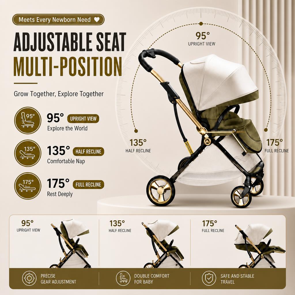 Passeggino portatile leggero in pelle a forma di uovo con cabina protettiva per la colonna vertebrale, design alto, pieghevole, spinta bidirezionale, quattro ruote con sospensioni, per bambini 0-3 anni