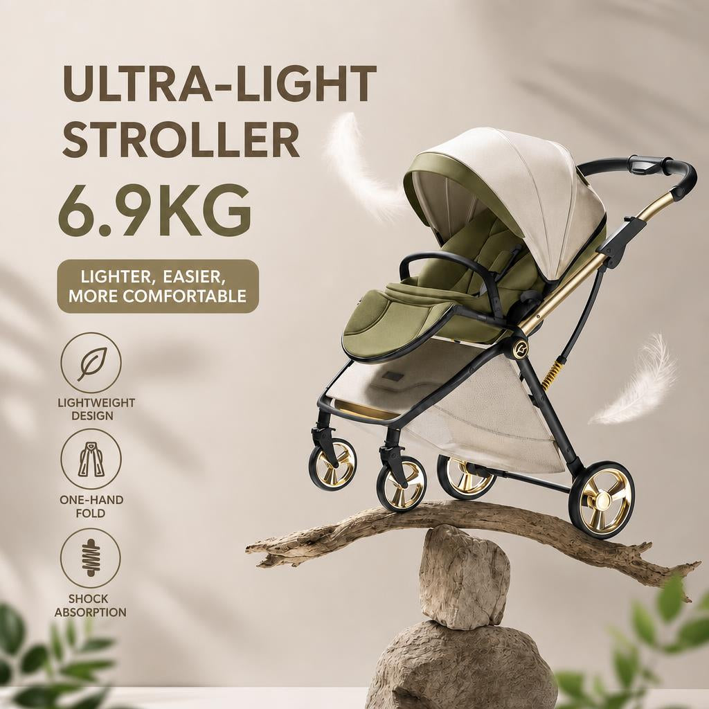 Passeggino portatile leggero in pelle a forma di uovo con cabina protettiva per la colonna vertebrale, design alto, pieghevole, spinta bidirezionale, quattro ruote con sospensioni, per bambini 0-3 anni