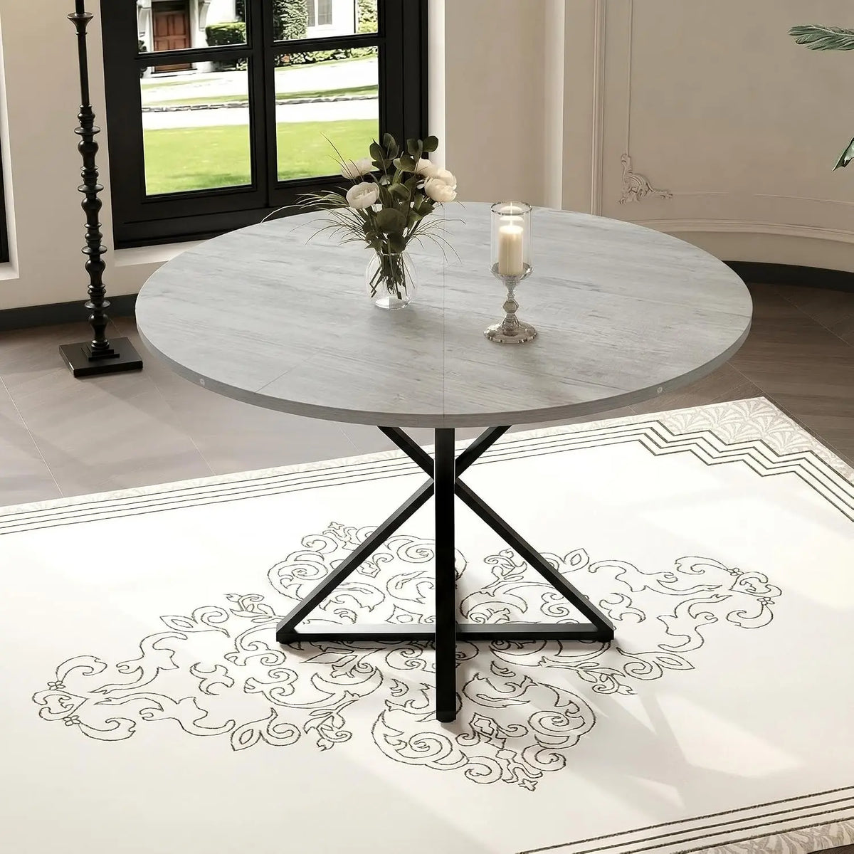 Tavolo da pranzo rotondo per 4-8 persone, tavolo da cucina con struttura a croce stabile, tavolo da pranzo salvaspazio dal design industriale, resistente e adatto per soggiorno e cucina.