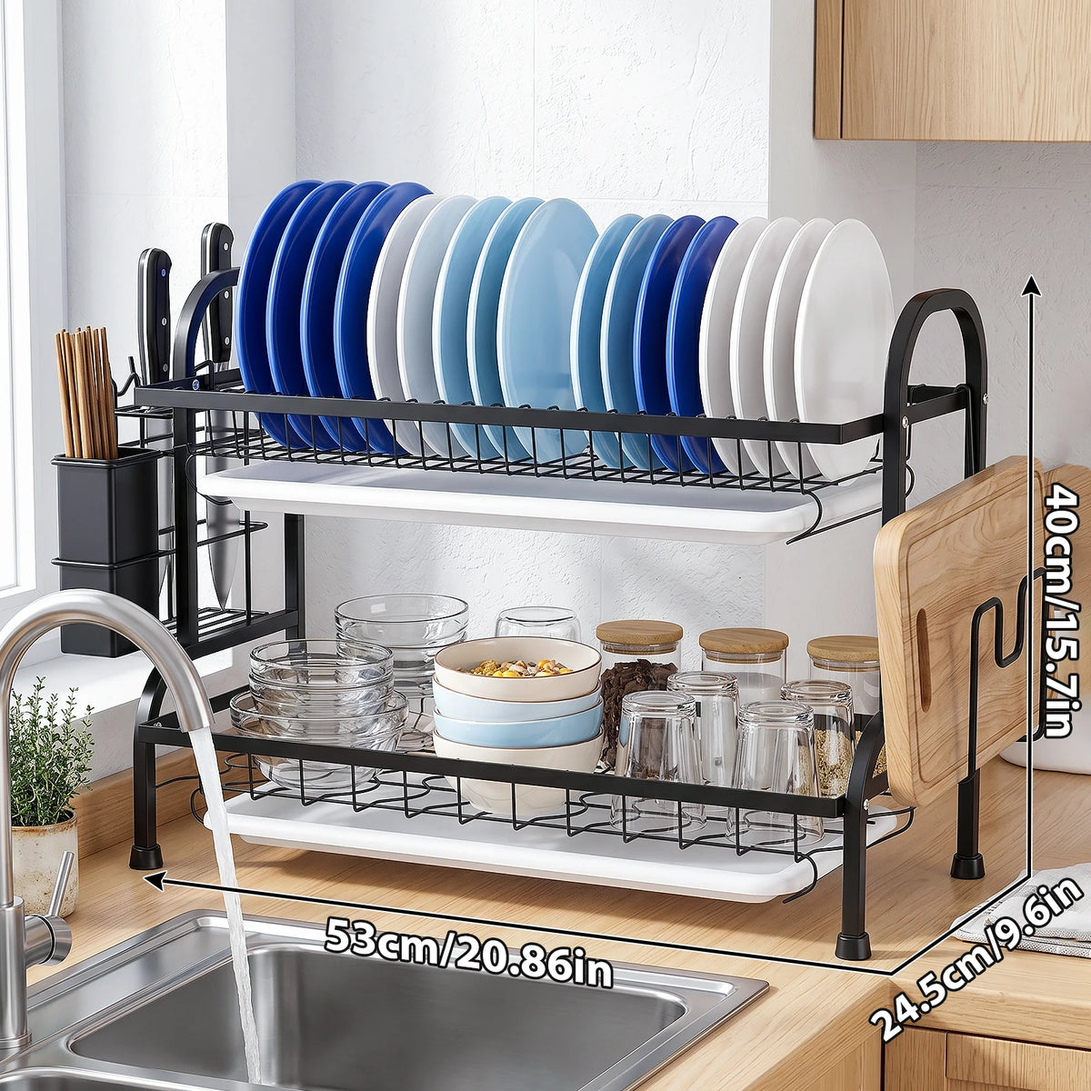 Scolapiatti a 2 livelli per il piano di lavoro della cucina, scolapiatti in metallo con vaschetta raccogli-acqua, rivestimento resistente alla ruggine, scolapiatti salvaspazio per piatti e posate.