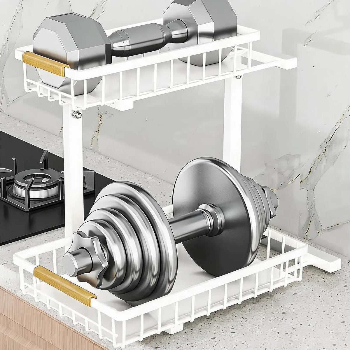 Organizzatore a 2 livelli sotto il lavello, scaffale scorrevole in acciaio al carbonio, mobiletto sottolavello in metallo, a forma di L, altezza regolabile, salvaspazio, ripiano estraibile per cucina e bagno, bianco