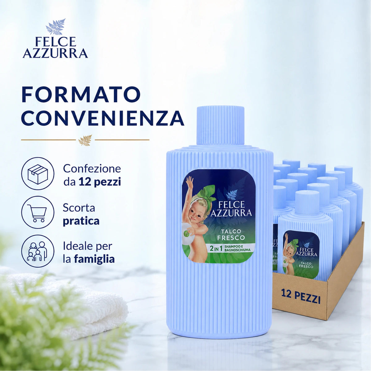 Confezione da 12 Felce Azzurra Talco Fresco 200 g, talco profumato per la cura quotidiana del corpo, 2,4 kg totali