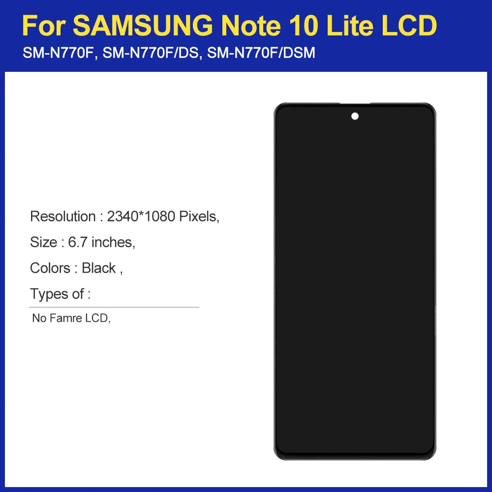 Schermo LCD AMOLED da 6,7 pollici per Samsung Note 10 Lite, gruppo di ricambio per lo schermo touchscreen, compatibile con Samsung Note10 Lite N770 N770F, con cornice.
