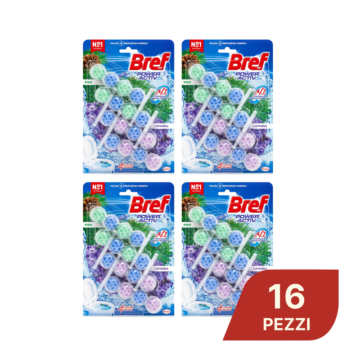 Confezione da 8, 12 o 16 Bref Power Activ Pino e Lavanda, tavolette WC da 4x50 g, detergente solido per pulizia e freschezza del WC