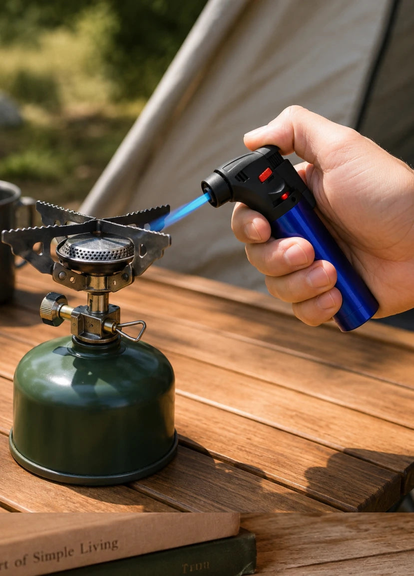 Confezione da 12 set accendini-torcia a butano 4 pezzi, accenditori antivento ricaricabili con fiamma regolabile e rotazione 360° per cucina, campeggio e barbecue