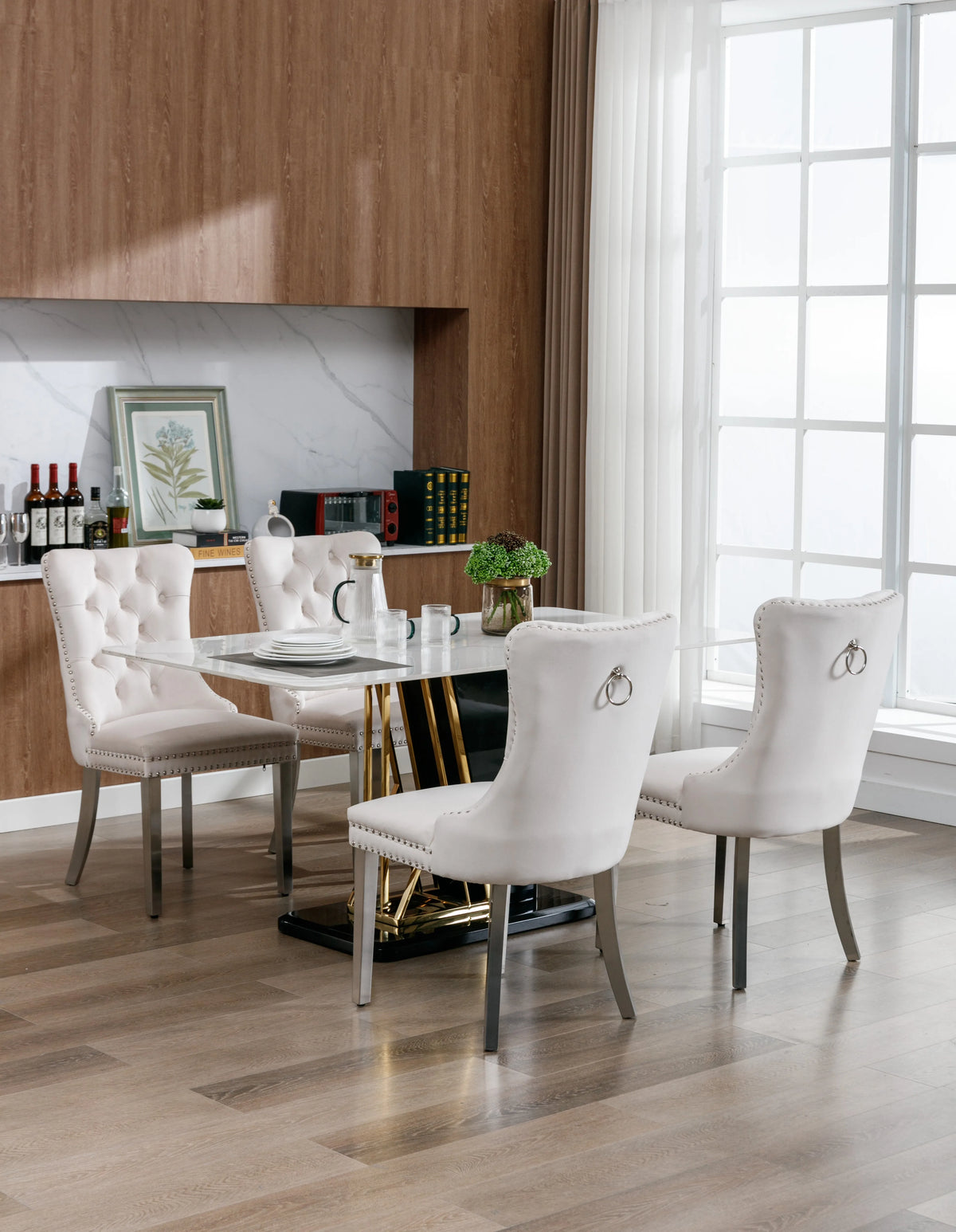 Set di 2 sedie da pranzo in velluto, sedie d’arredo imbottite, 50 cm di larghezza x 95 cm di altezza, con schienale alto e dettagli a bottoni, gambe in acciaio inossidabile cromato e finiture con borchie, sedie da pranzo mo