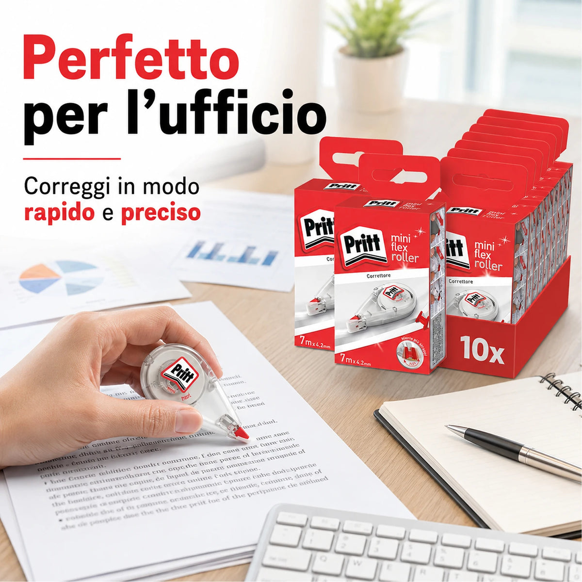Confezione da 10 Pritt Correttore Mini Roller 4,2 mm x 7 m, punta flessibile con funzione push-pull, correttori a nastro per scuola e ufficio