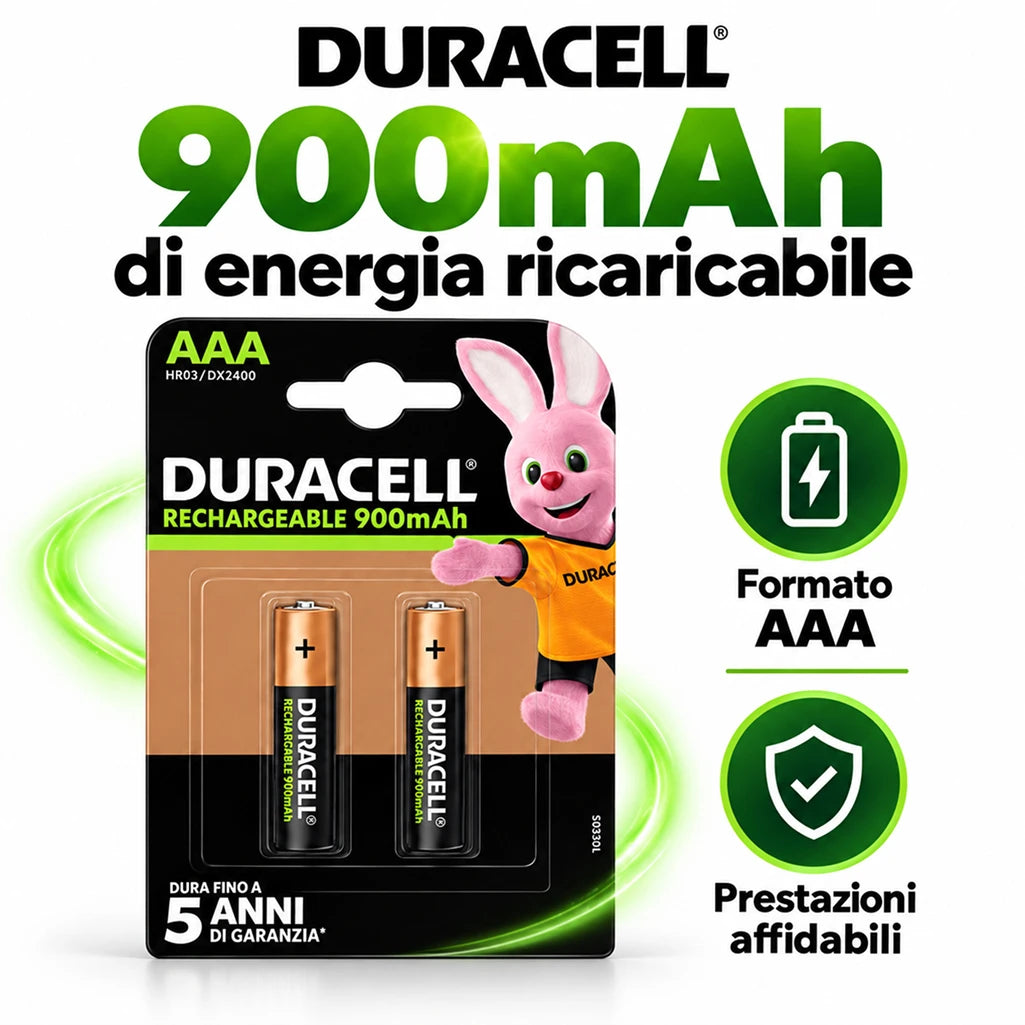 Confezione da 3 blister Duracell AAA Ricaricabili 900 mAh BL2, 2 batterie per blister, 6 pile ministilo ricaricabili totali