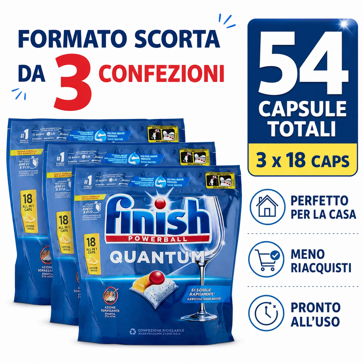 Confezione da 3 Finish Quantum Limone, 18 tabs per confezione, 54 pastiglie totali per lavastoviglie