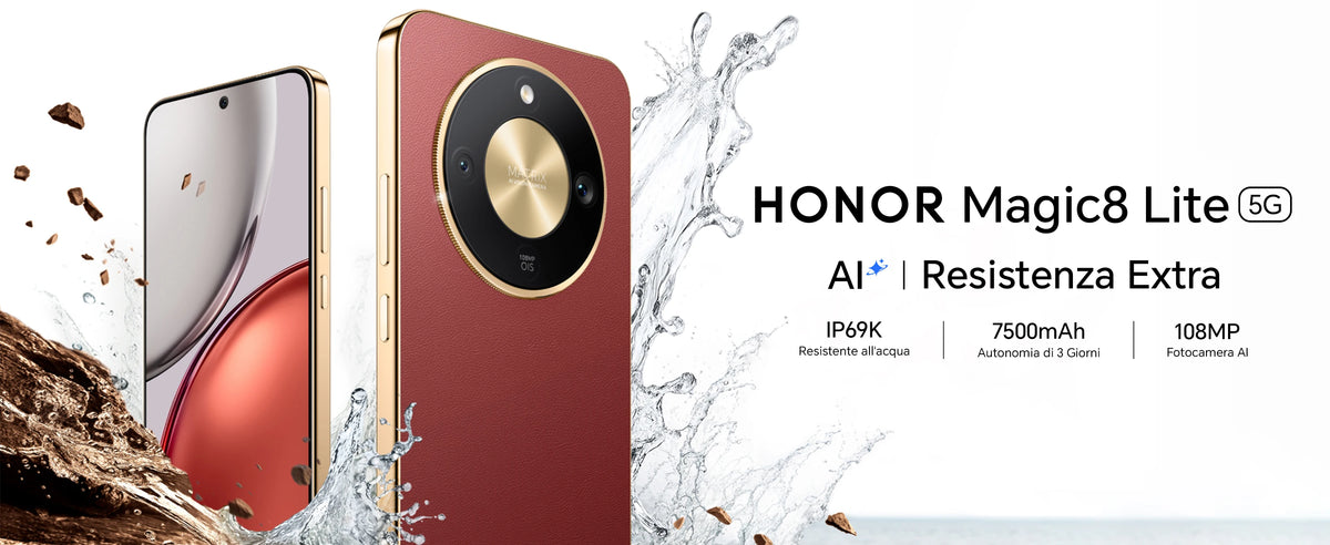 HONOR Magic8 Lite Smartphone 5G, Tripla Resistenza-IP69K, 7500 mAh, Fotocamera AI 108 MP con OIS, Display AMOLED da 6.79 Pollici Cellulari, AI Intelligente, Dual SIM, NFC