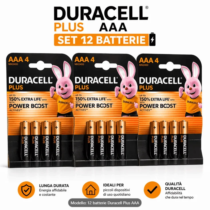 12 Batterie DURACELL Plus AAA – Confezione da 12 – 1.5 V Alcaline – Fino al +150 % di Durata – Active POWER BOOST