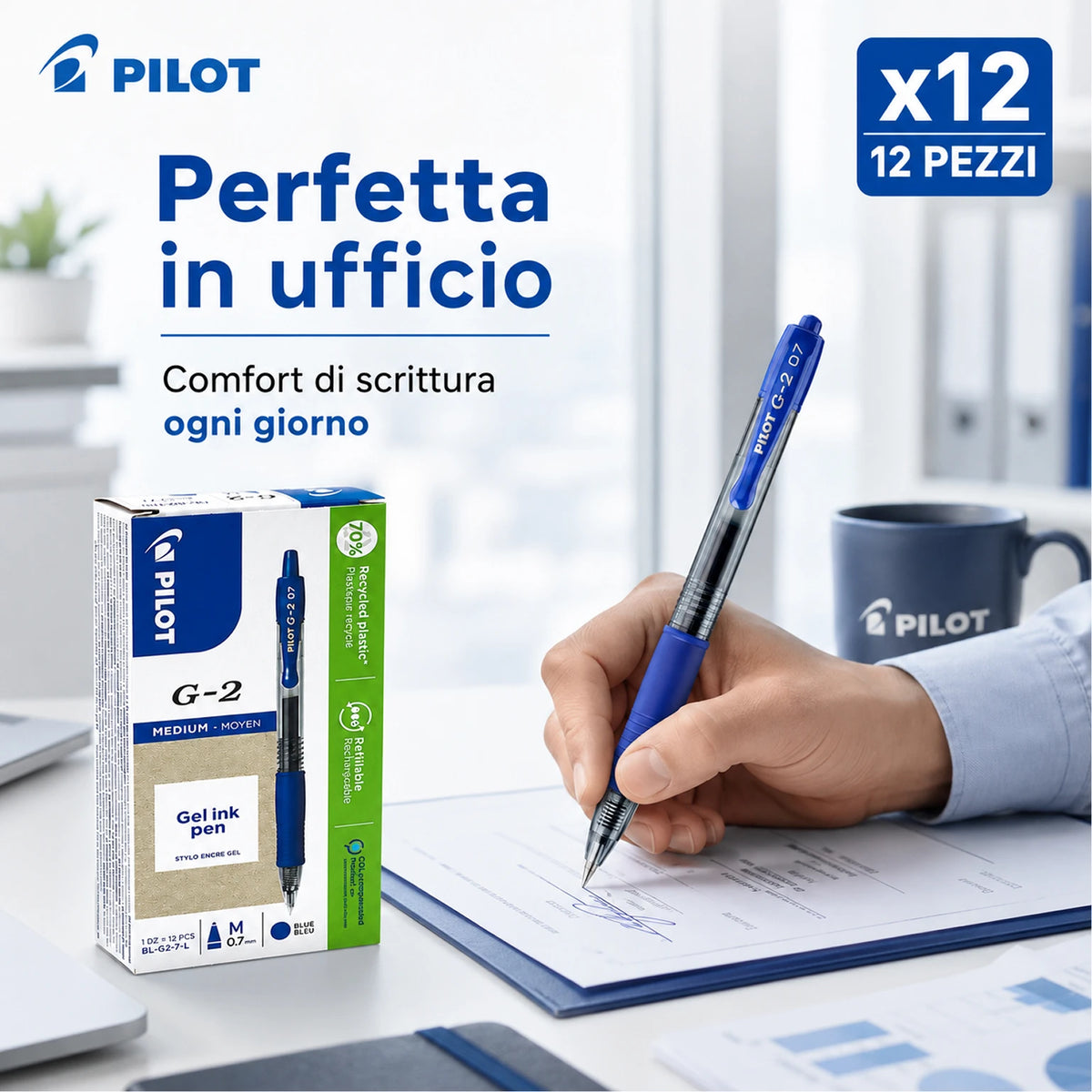 Confezione da 12 penne Pilot G2 blu 0,7 mm, penne a scatto per scuola, ufficio, appunti, documenti e cancelleria