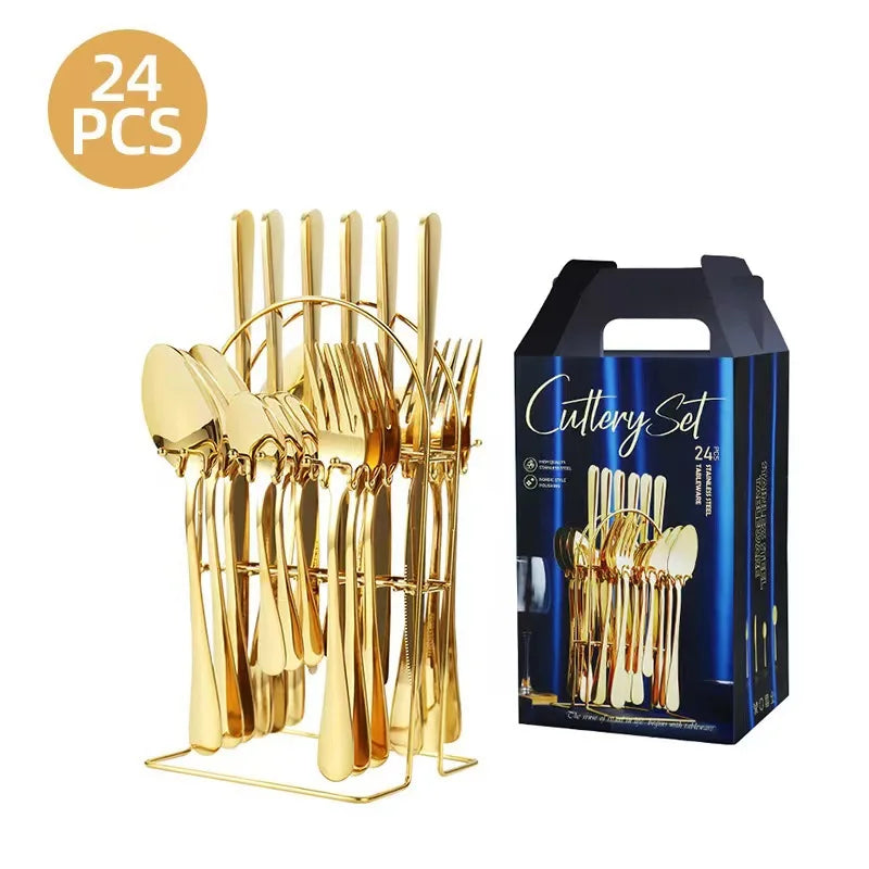 Set di posate in acciaio inossidabile color argento, composto da 24 pezzi: coltelli, forchette, cucchiai e cucchiaini, ideale per la tavola di casa e come regalo – set per 6 persone.