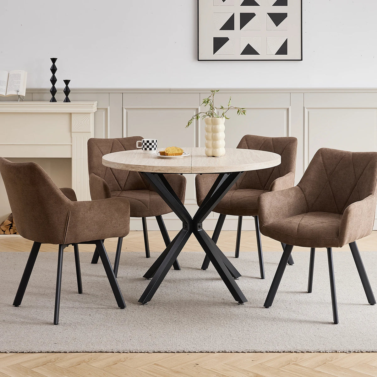 EGOONM 2/4PCS Sedie da pranzo moderne girevoli con braccioli, sedie imbottite in tessuto, 360 ° Sedie Girevoli con Gambe in Metallo