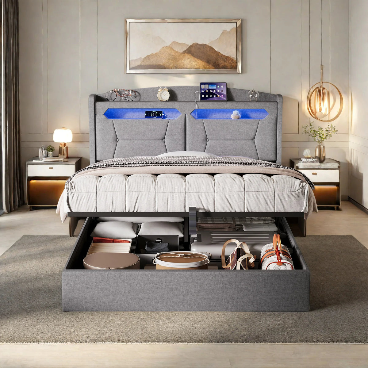 Anajqaqia, letto imbottito, dimensioni 140 x 190 cm, letto matrimoniale, letto con meccanismo idraulico, struttura letto per camere da letto di piccole dimensioni, letto per ragazzi, letto con ampio spazio contenitivo, letto