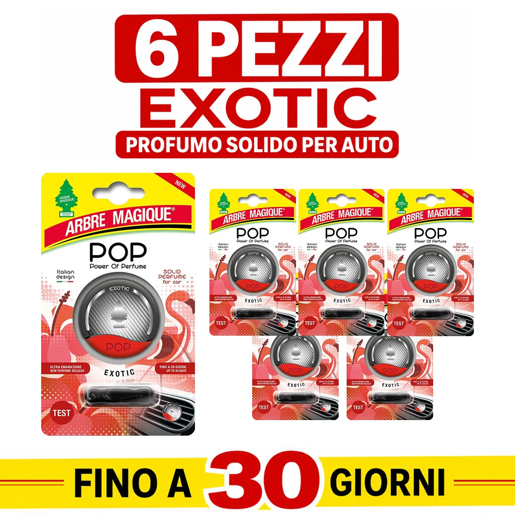 Confezione da 6 o 12 Arbre Magique POP Exotic, profumatori auto solidi, fragranza fresca e fruttata, formato scorta per auto, furgone, armadio e piccoli ambienti