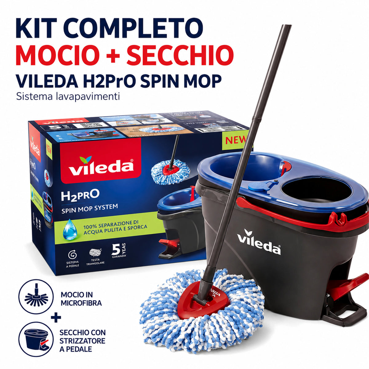 Confezione da 1 Vileda H2PrO Spin Mop System Complete, sistema completo con mocio rotante per la pulizia dei pavimenti duri sigillati