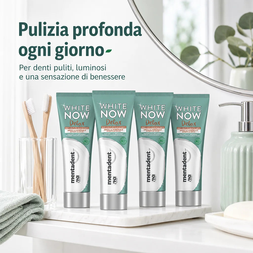 Confezione da 12 Mentadent White Now Detox Cocco 75 ml, dentifricio al gusto cocco per igiene orale quotidiana, 900 ml totali