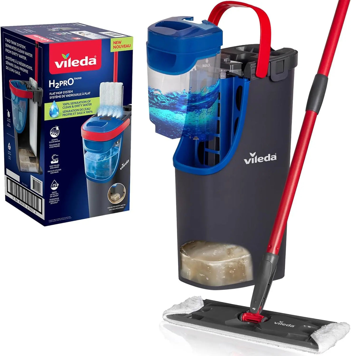 Vileda H2Pro FlatMop – Sistema Lavapavimenti con Secchio a Doppia Vasca, Mop Piatto in Microfibra, Acqua Pulita ad Ogni Risciacquo