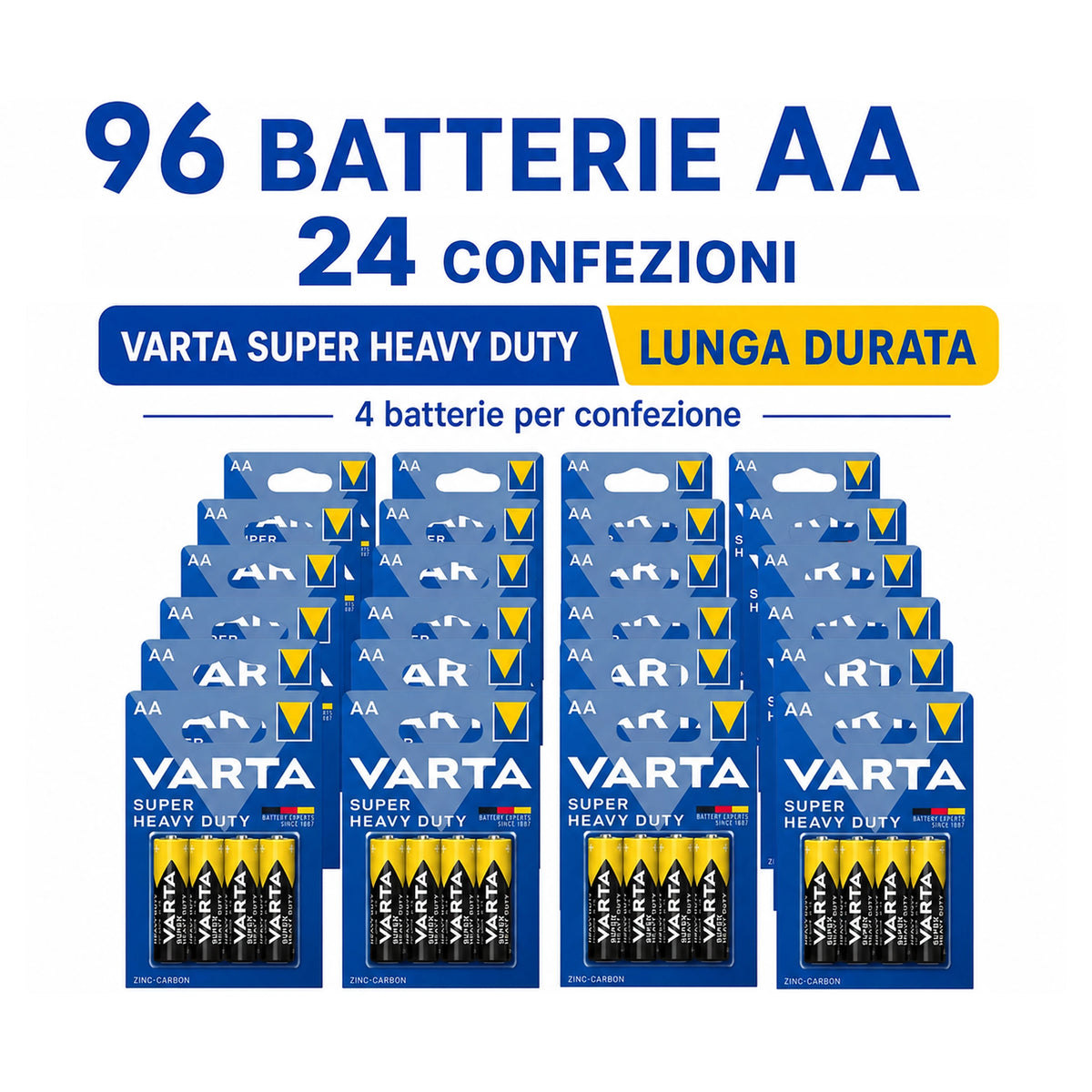 Pacco scorta Batterie AA VARTA Super Heavy Duty Zinco-Carbon 1,5V R6 per Telecomandi Orologi Sveglie