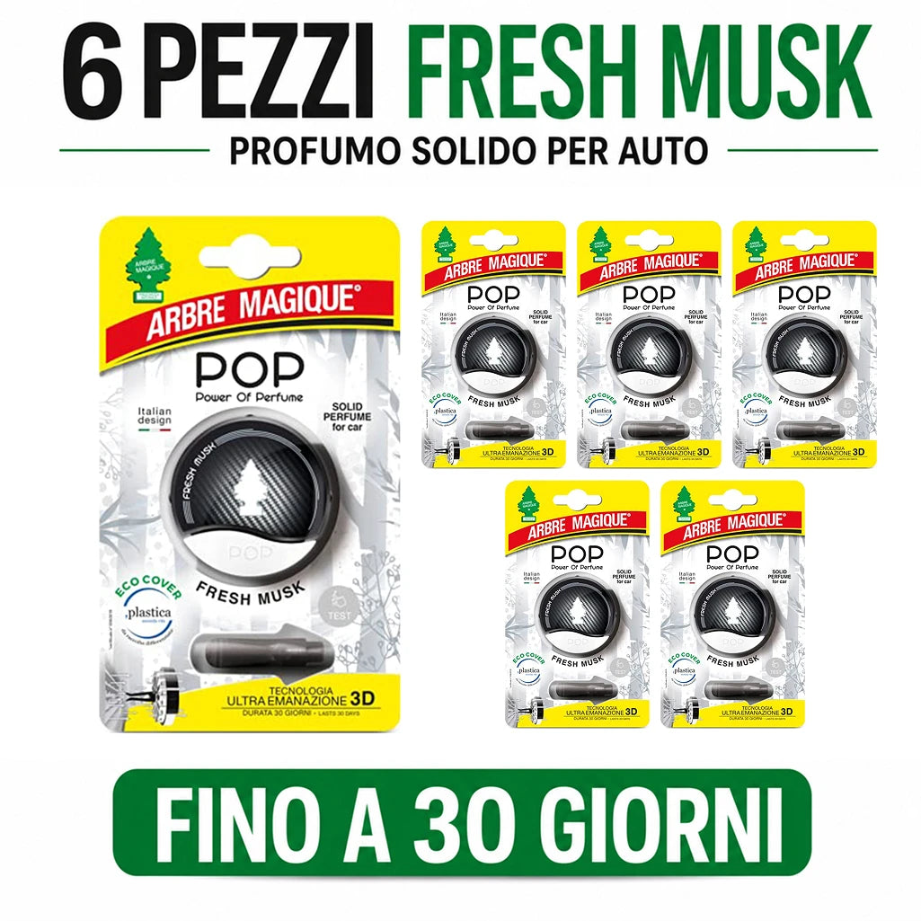 Confezione da 6 o 12 Arbre Magique POP Fresh Musk, profumatori auto solidi, fragranza morbida e fresca, formato scorta per auto, furgone, armadio e piccoli ambienti