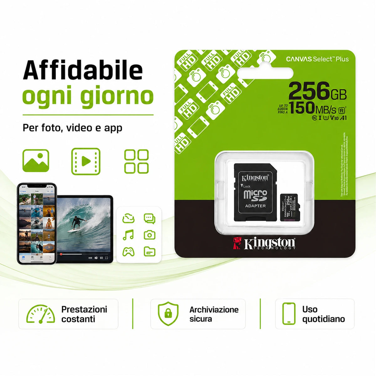 Confezione da 1 scheda di memoria Kingston Canvas Select Plus microSD 256 GB, microSDXC Gen3 UHS-I Class 10 A1 V10, 150 MB/s lettura, adattatore SD incluso