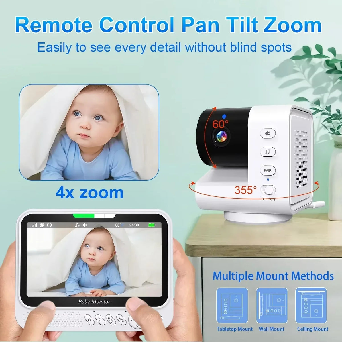 Monitor per bambini intelligente da 7 pollici con telecamera PTZ avanzata, zoom, sensore di temperatura, funzione di ninna nanna rilassante, visione notturna e audio bidirezionale. Offre una sorveglianza affidabile per la sic