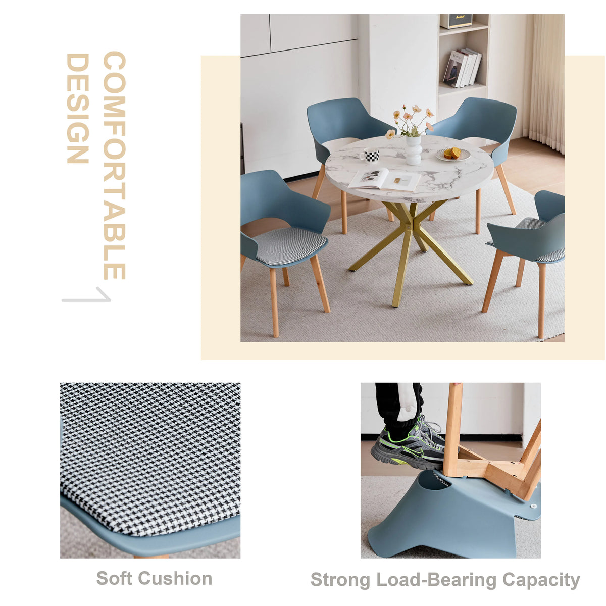 Sedie da pranzo moderne da 2 pezzi con braccioli - Guscio in PP + Gambe in legno + Cuscino in tessuto pied de poule per cucina, soggiorno, caffè
