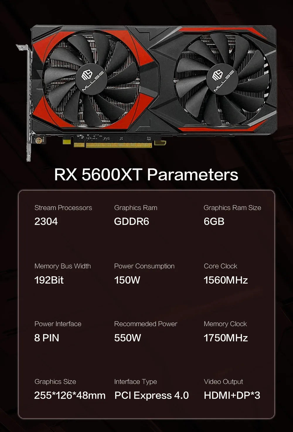 Scheda Grafica da Gaming MLLSE RX 5600 XT 6GB, 192bit GDDR6, 8pin PCI-E 4.0, GPU AMD Radeon per Giochi, Scheda Video Desktop RX 5600XT 6GB