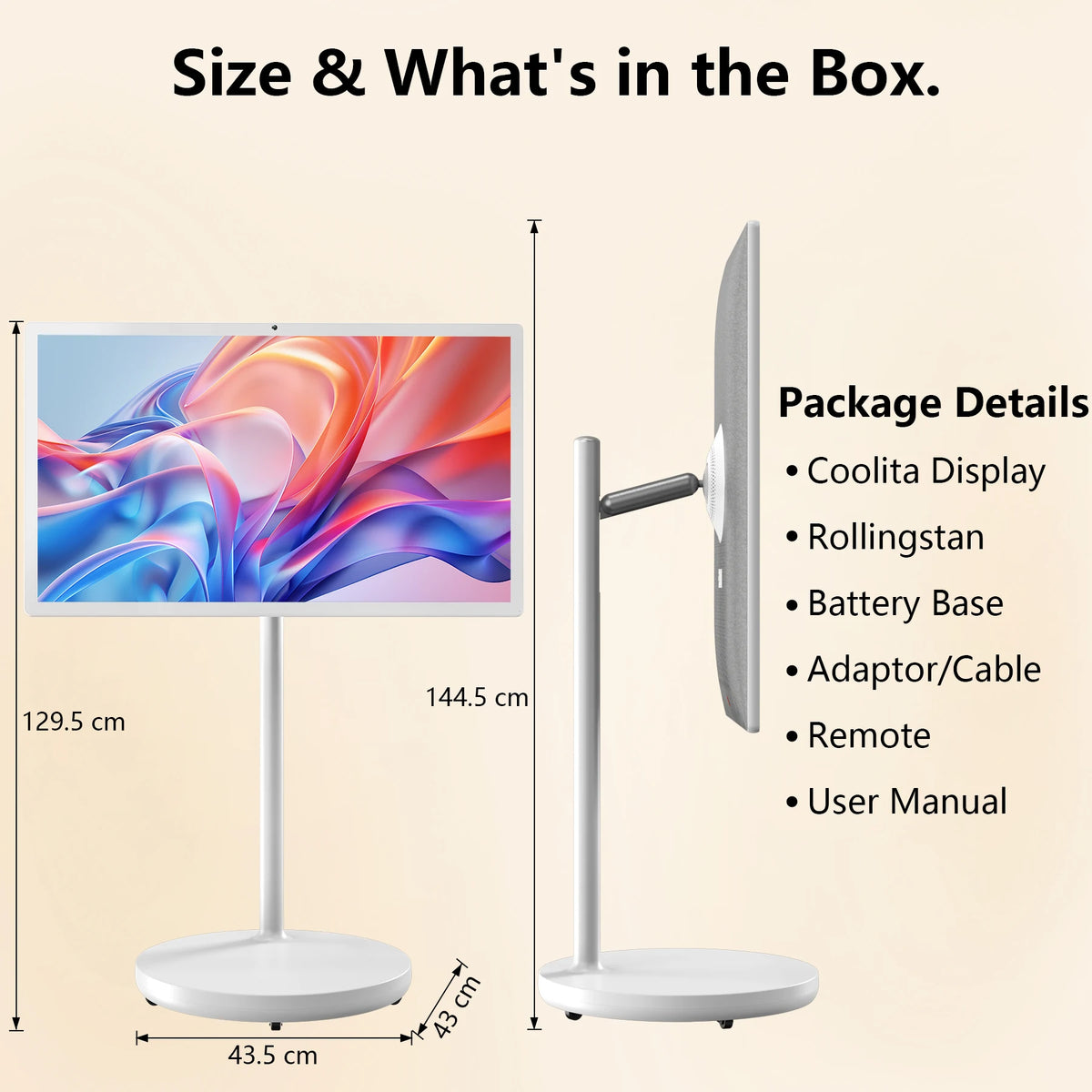 Coolita, TV da terra con schermo touchscreen intelligente da 32 pollici, risoluzione 1080P, sistema operativo Android 15, certificazione Google, batteria da 8000 mAh, schermo girevole, altoparlanti da 10 W x 4.