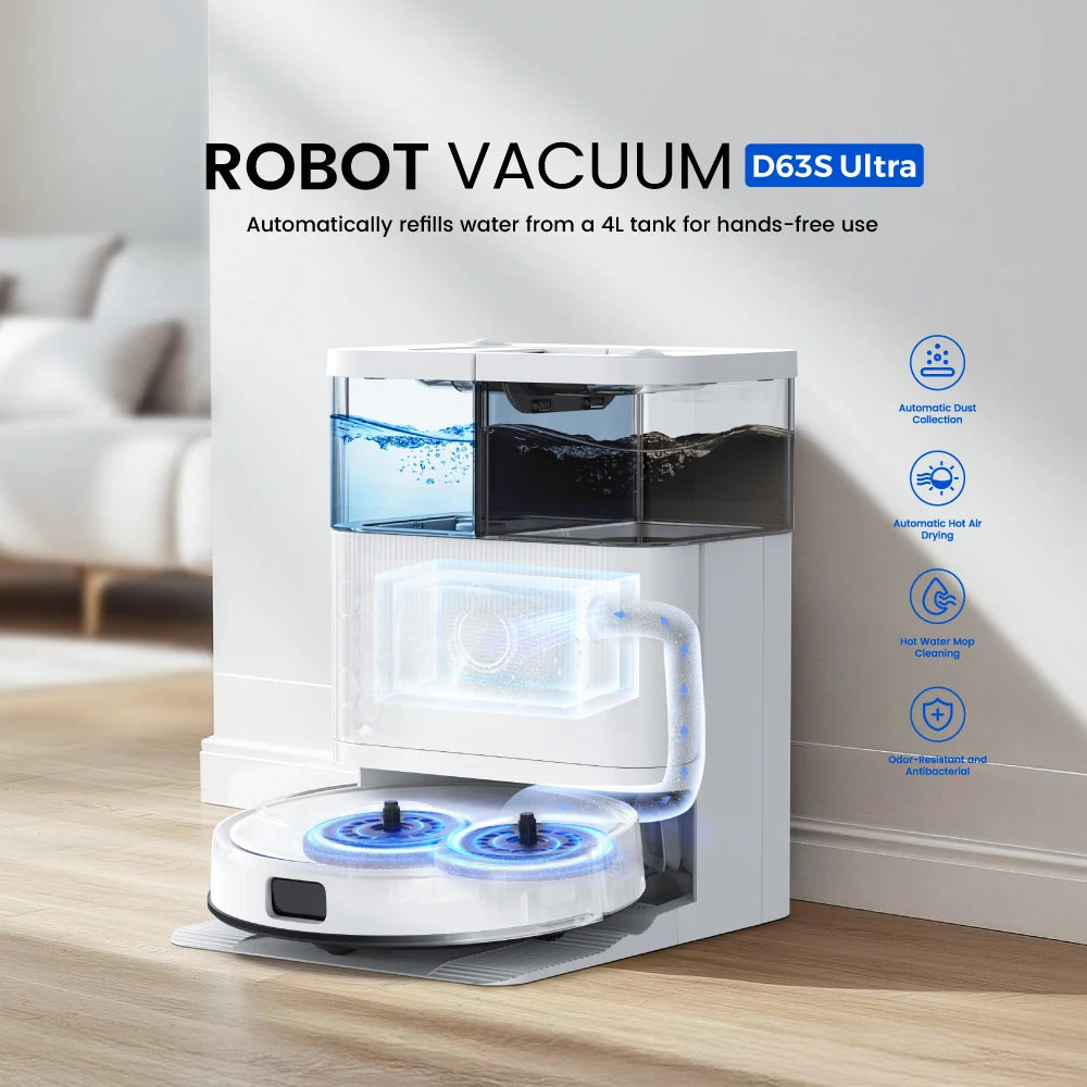 Teendow D63S ULTRA Robot Aspirapolvere e Lavapavimenti, Aspirazione 10000Pa, Super Aspirazione, Pulizia dei Bordi, Lavaggio e Asciugatura Automatica del Panno, Svuotamento Automatico, Adatto per Camper, Esterni e Casa