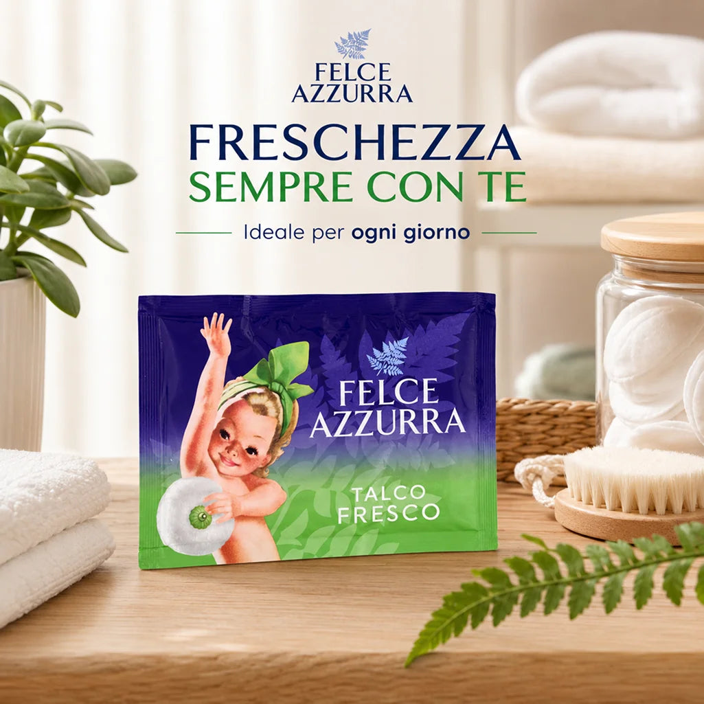 Confezione da 12 Felce Azzurra Talco Fresco in Busta 100 g, talco profumato per la cura quotidiana del corpo, 1,2 kg totali