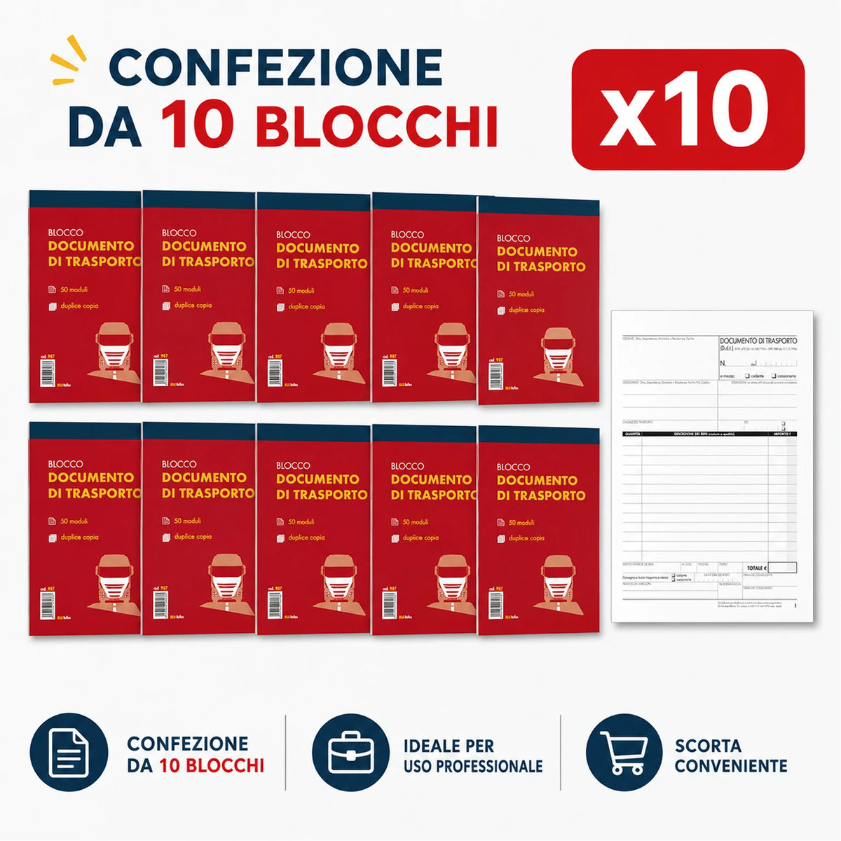 Confezione da 10 blocchi Documenti di Trasporto DDT 3 copie 15x23 cm, 50 fogli x 3 copie, moduli per spedizioni, consegne, magazzino e ufficio