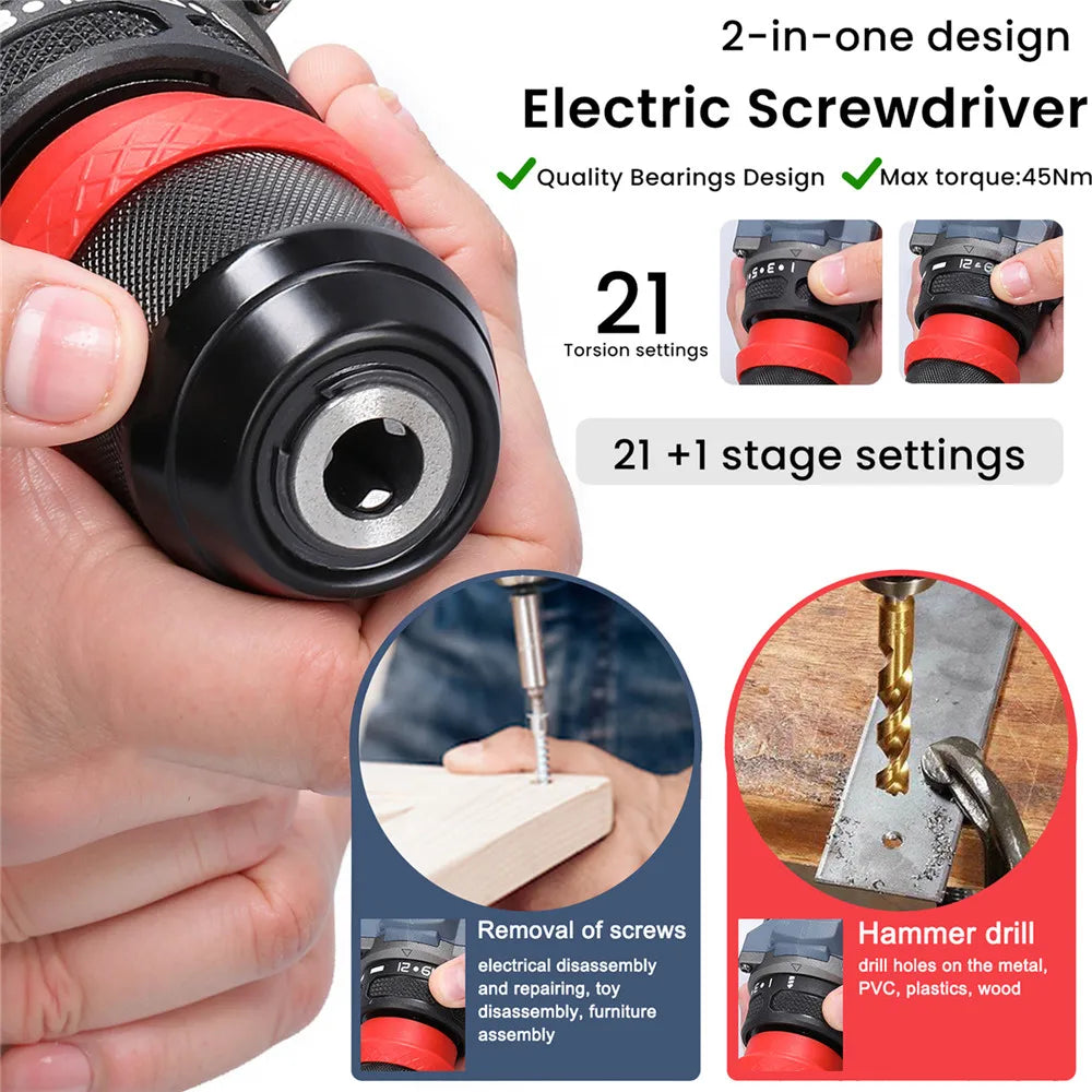 Trapano Cordless Brushless 16.8V 45Nm a 2 Velocità con Luce LED, Trapano Elettrico Ricaricabile per Fai-da-Te Domestico, Lavorazione del Legno e Foratura del Metallo con 2 Batterie da 1300mAh