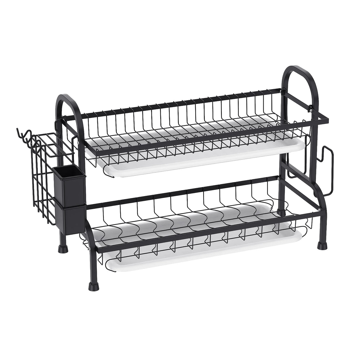 Scolapiatti a 2 livelli per il piano di lavoro della cucina, scolapiatti in metallo con vaschetta raccogli-acqua, rivestimento resistente alla ruggine, scolapiatti salvaspazio per piatti e posate.