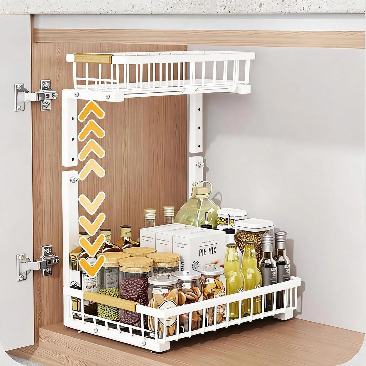 Organizzatore a 2 livelli sotto il lavello, scaffale scorrevole in acciaio al carbonio, mobiletto sottolavello in metallo, a forma di L, altezza regolabile, salvaspazio, ripiano estraibile per cucina e bagno, bianco