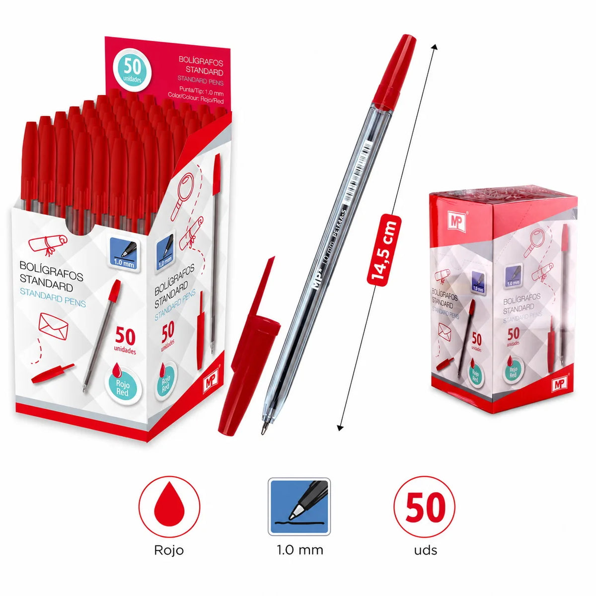 Confezione da 50 penne a sfera classiche, punta media, 1,0 mm. | Penne a scrittura fluida per scuola, ufficio e studio | Corpo trasparente, 14,5 cm (blu / nero / rosso).