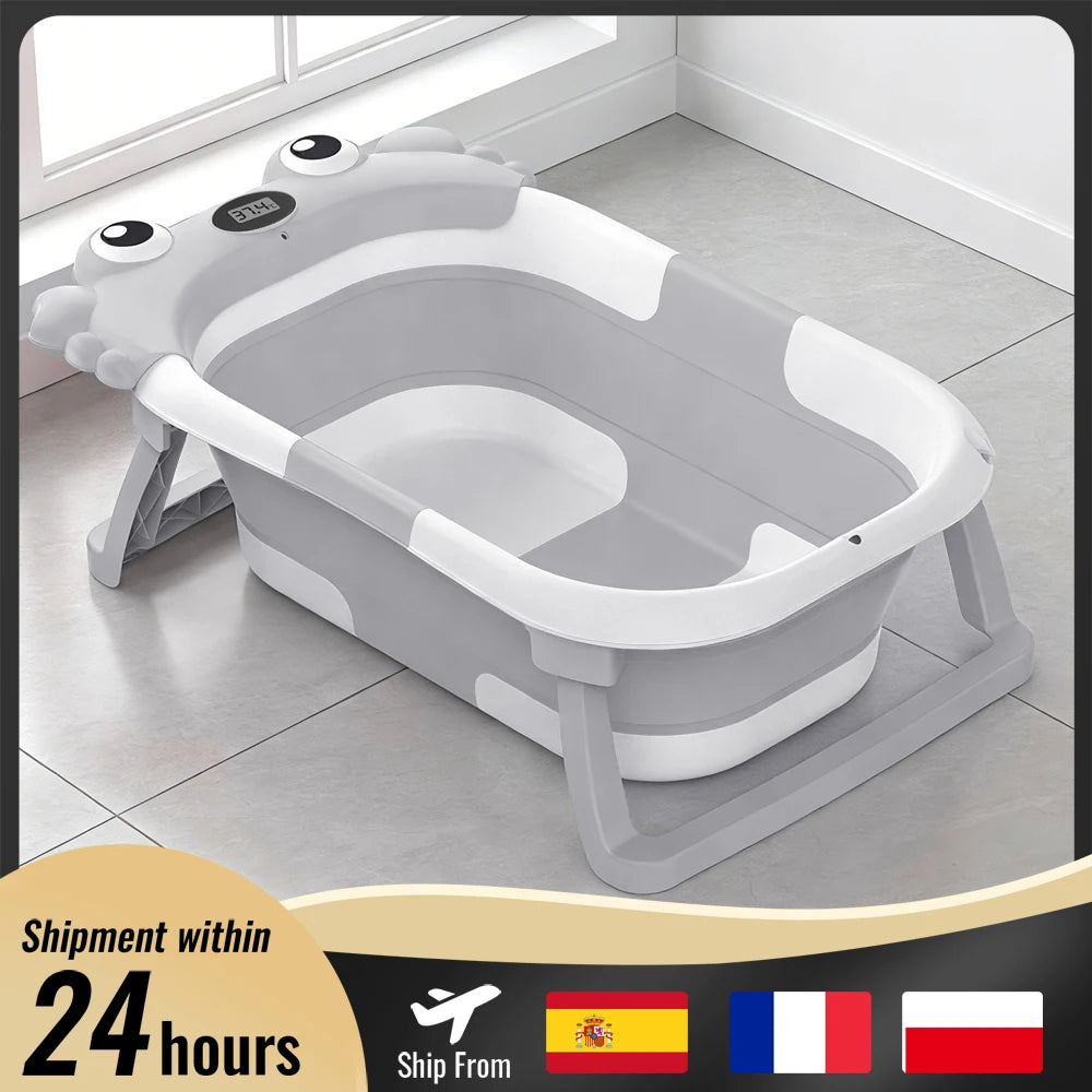 Vasca da Bagno Pieghevole per Neonati con Sensore di Temperatura e Tappetino Antiscivolo, Supporto Portatile per Doccia Neonati 0-36 Mesi, Piscina da Viaggio