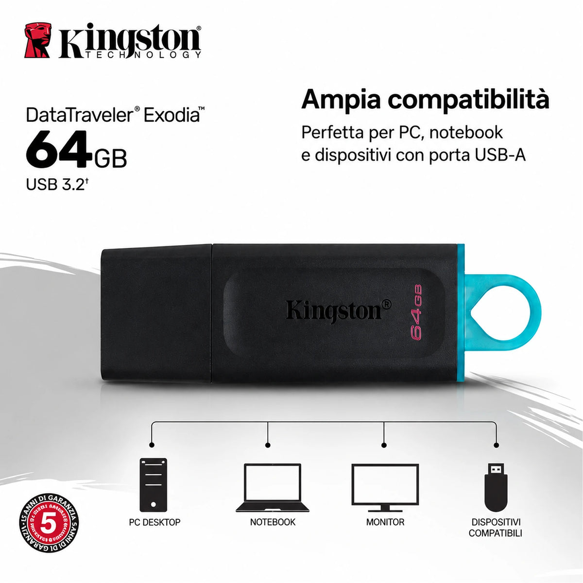 Confezione da 5 chiavette USB Kingston DataTraveler Exodia 64 GB, memoria USB 3.2 Gen 1, flash drive DTX/64GB per documenti, foto, video e backup