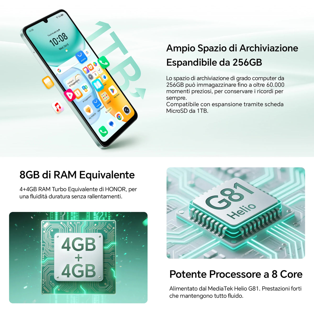 Smartphone HONOR X5c Plus, 5260 mAh, display da 6,74 pollici a 90 Hz, fotocamera da 50+5 MP, Android 15, processore octa-core, riconoscimento delle impronte digitali e del volto