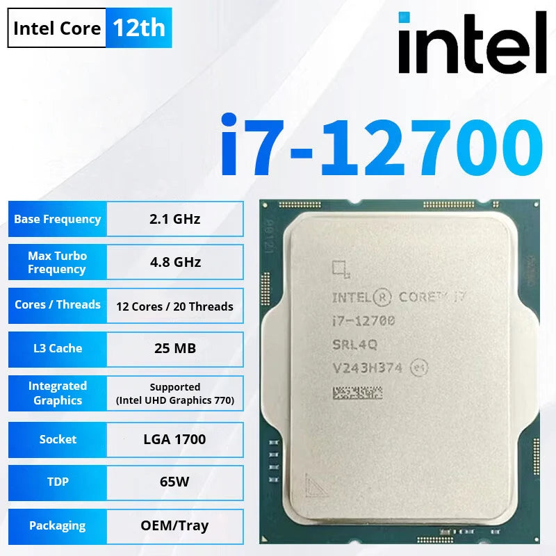 Processore CPU Desktop Intel Core i7-12700 LGA1700 12-Core 20T Senza Dissipatore