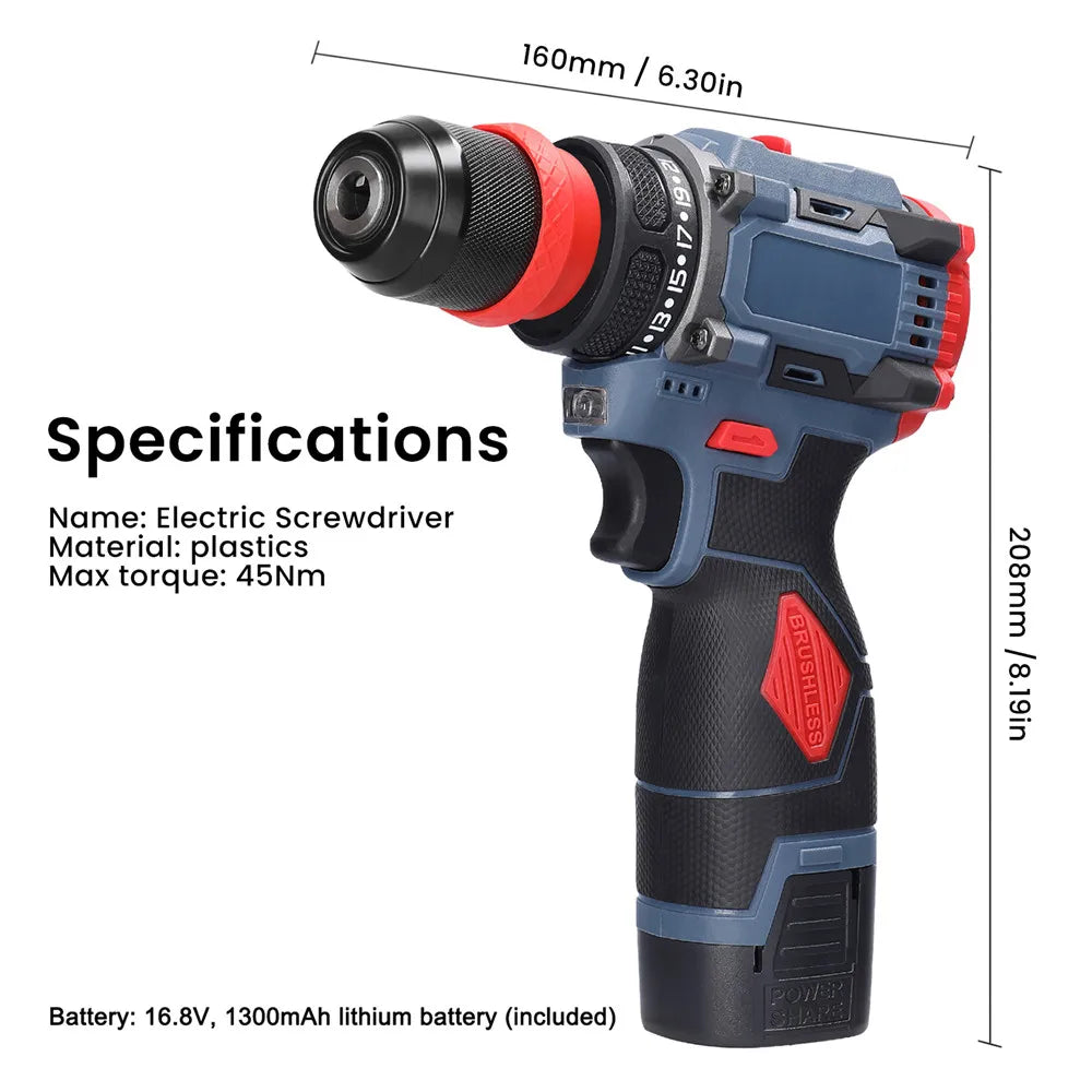 Trapano Cordless Brushless 16.8V 45Nm a 2 Velocità con Luce LED, Trapano Elettrico Ricaricabile per Fai-da-Te Domestico, Lavorazione del Legno e Foratura del Metallo con 2 Batterie da 1300mAh