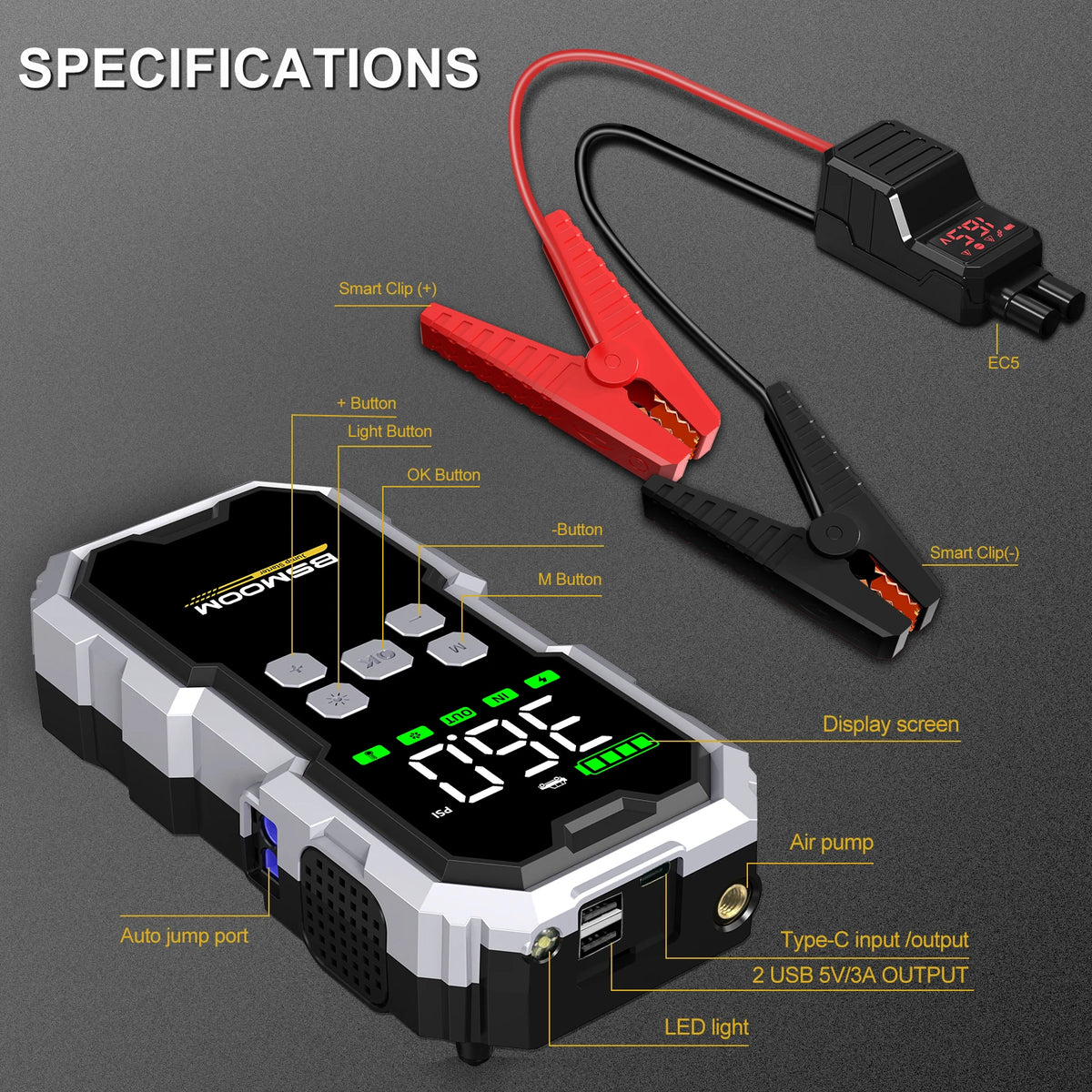 Avviatore di Emergenza per Auto con Compressore d'Aria Senza Fili, Gonfiatore Pneumatici, Booster Batteria con Power Bank e Torcia LED, Avviatore 12V per Tutti i Veicoli a Benzina o Diesel fino a 10.0L, Avviatore di Emergenza