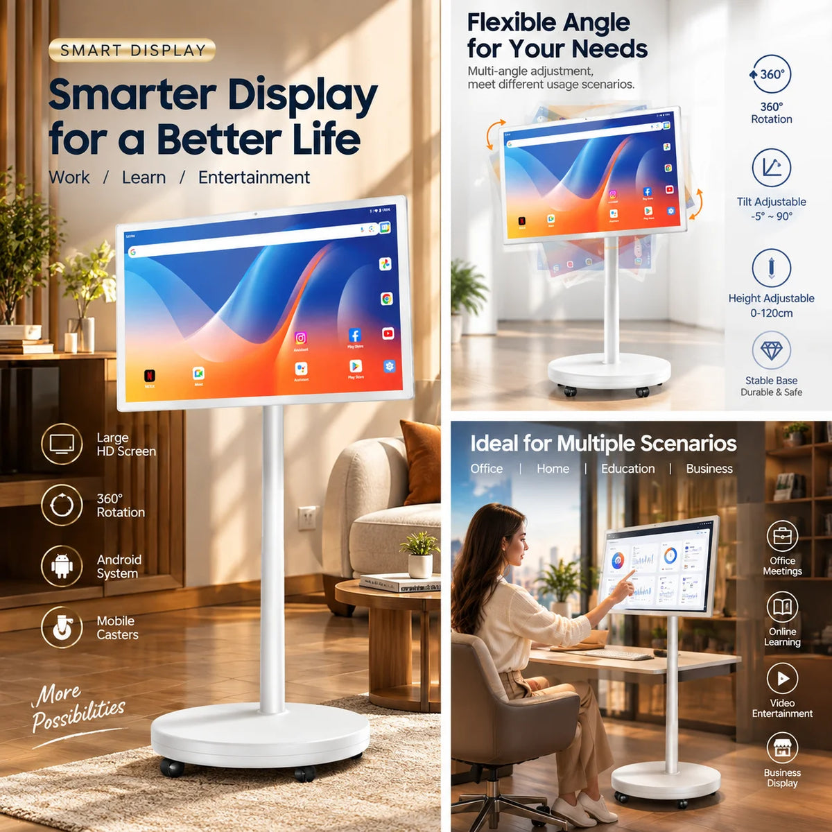 Coolita, TV da terra con schermo touchscreen intelligente da 32 pollici, risoluzione 1080P, sistema operativo Android 15, certificazione Google, batteria da 8000 mAh, schermo girevole, altoparlanti da 10 W x 4.