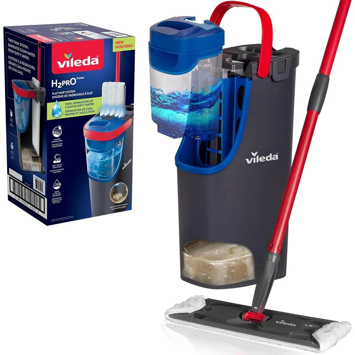 Vileda H2Pro FlatMop – Sistema Lavapavimenti con Secchio a Doppia Vasca, Mop Piatto in Microfibra, Acqua Pulita ad Ogni Risciacquo