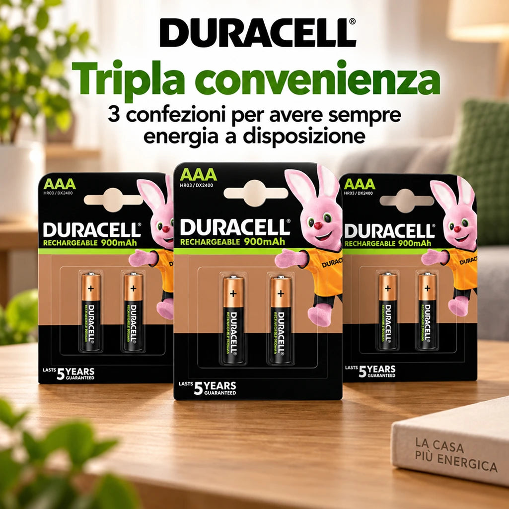 Confezione da 3 blister Duracell AAA Ricaricabili 900 mAh BL2, 2 batterie per blister, 6 pile ministilo ricaricabili totali