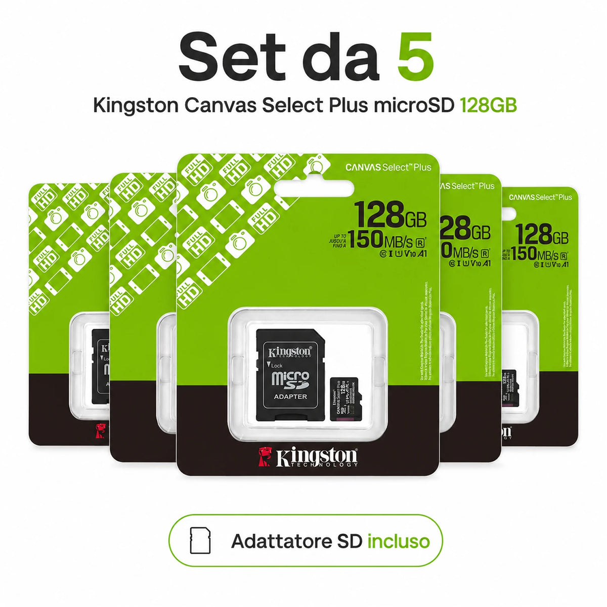 Confezione da 5 schede di memoria Kingston Canvas Select Plus microSD 128 GB, microSDXC Gen3 150 MB/s A1, adattatore SD incluso, SDCS3/128GB