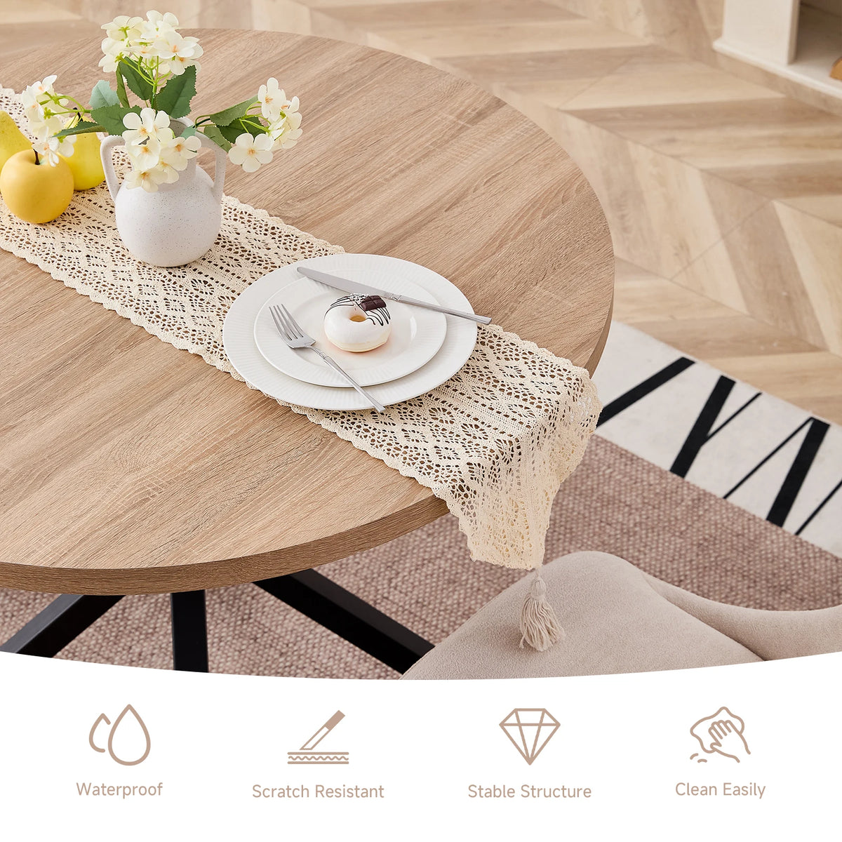 Tavolo da pranzo rotondo in stile nordico EGOONM, 100 cm, piano in MDF, gambe in metallo nero, ideale per sala da pranzo, cucina e arredamento della casa.
