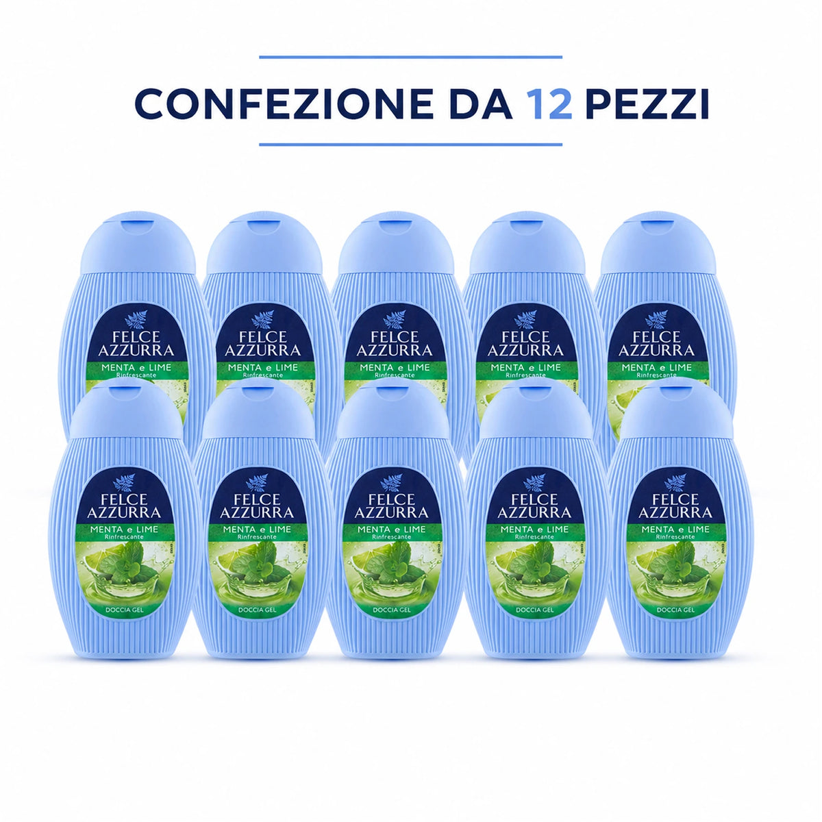 Confezione da 12 Felce Azzurra Doccia Menta e Lime 250 ml, bagnodoccia profumato per la detersione quotidiana, 3 L totali